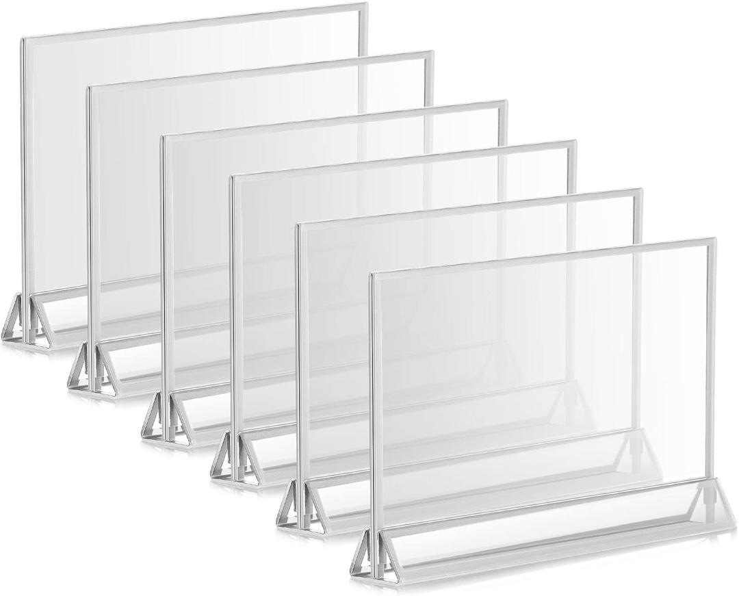 6 Pack 4x6 Horizontal Acrylic Sign Holder with Silver Border Clear Double Sided Picture Frame Wedding Table Number Holders Desktop Display Menu Stands for Paper Flyer Home Office(4 x 6 Inch, Silver)