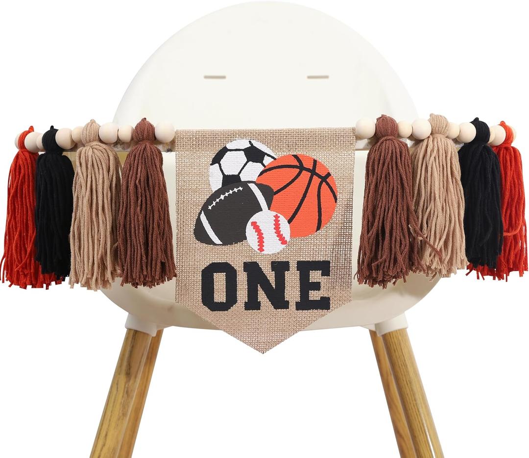 All Star Sport Balls One High Chair Tassel Banner - Basketball/Football/Baseball/Soccer Themed 1st Birthday Highchair Banner,Boys Balls First/1st Birthday Highchair decorations,