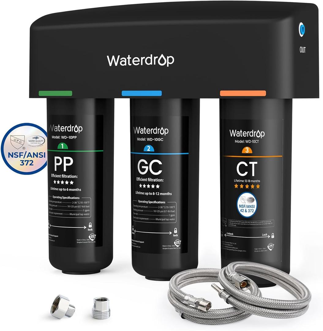 Waterdrop TSA 8 Layer Under Sink Water Filter System, Under Sink Water Filtration System, Reduces PFAS, PFOA/PFOS, Fluoride, Chlorine, Bad Taste & Odor, NSF/ANSI 42 Certified Element, USA Tech (1 Count (Pack of 1), No Extra Faucet-Chlorine and Fluoride Reduction)