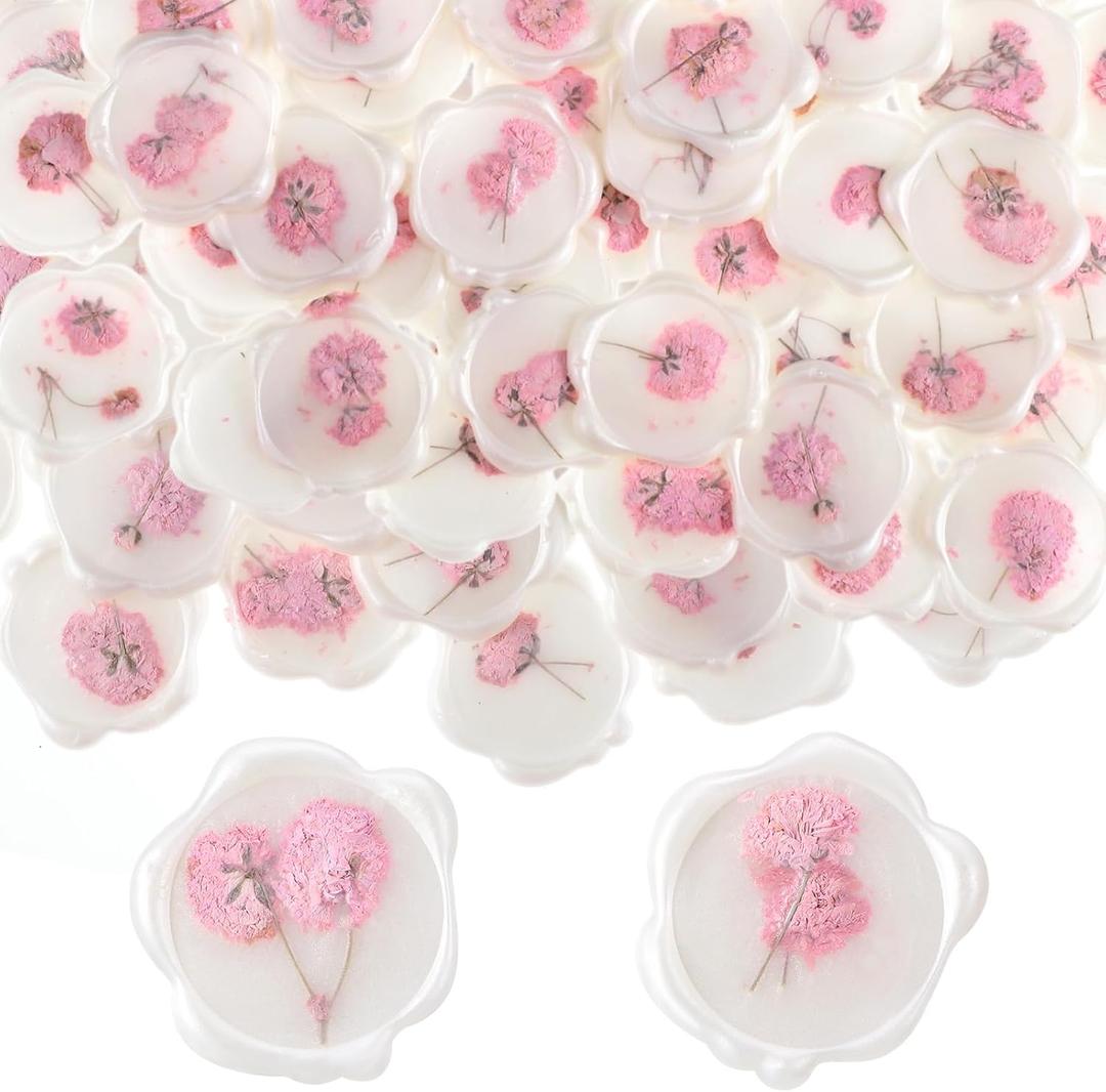 Qilery 50 Pcs Wax Seal Stickers Baby's Breath Dried Floral Envelopes Seals Stickers Bulk for Wedding Invitation Bridal Shower Birthday Party Letter Greeting Cards Gift Wrapping, Self Adhesive (Pink)