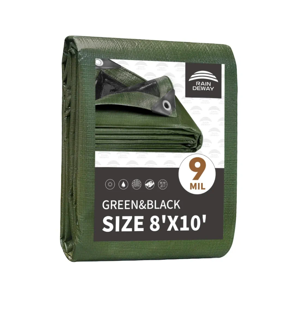 RAINDEWAY Tarps 8x10 Feet,Tarp Waterproof,9Mil Thick,Finished Size,Multipurpose Poly Tarp Cover with Metal Grommets and Reinforced Edges,Green/Black Tarpaulin