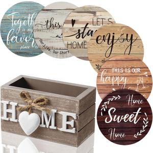 Queekay Coasters Set of 6 House Warming Gifts New Home Wooden Farmhouse Drink Coasters with Holder 4'' Funny Decoration for Kitchen Family Coffee Bar Tabletop Protection