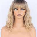 Blonde Wavy Wig with Bangs for Women Shoulder Length Synthetic Wigs Natural Wavy Blonde With Dark Brown Roots Heat Resistant for Daily Party Use (14 Inch, Ombre Blonde 01)