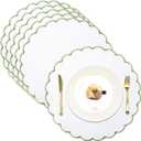 Set of 6 Round Placemats 15 Inch Cotton Scalloped Embroidery Placemat Washable Double Layered Rustic Dinner Table Mat Decor Fabric for Hotel Restaurant Kitchen(White/Green,Classic)