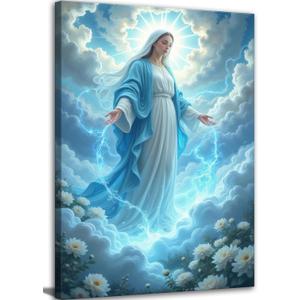 Virgin Mary Canvas Wall Art. Catholic Art Painting Picture Wall Decor. Mother of Jesus Posters Print Artwork for Church Bedroom Living Room Home Decoration, 24"L x 16"W