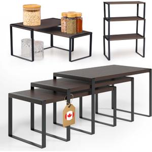 Ibyx Premium Kitchen Cabinet Organizer Shelf - Set of 3 Kitchen Counter Shelves - Stackable Shelf Racks for Cabinets - Metal Frame & Engineered Wood (Brown Wood, Black Frame)