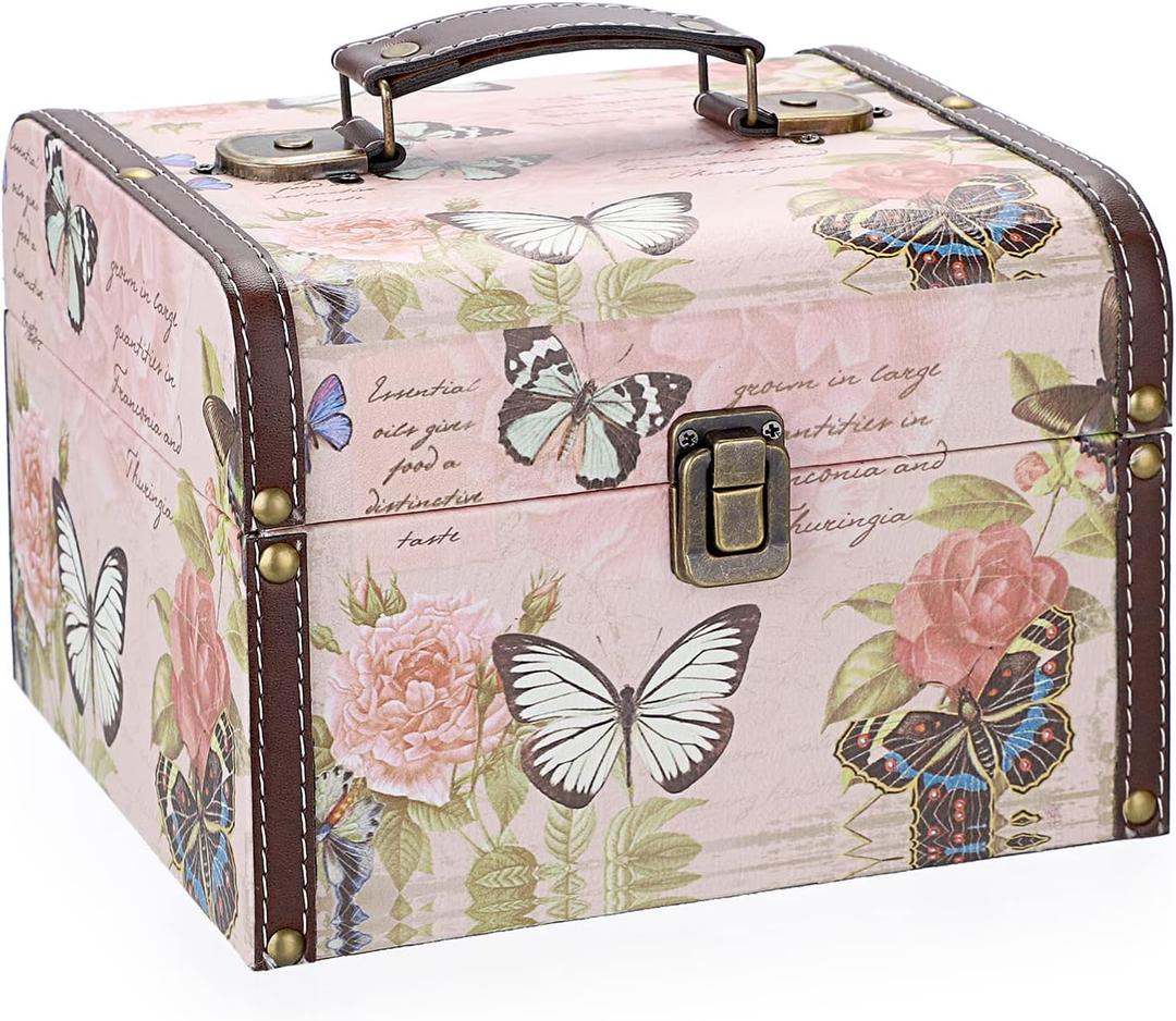ELLDOO Decorative Treasure Chest Box, Wooden + PU Leather Storage Box for Jewelry Trinkets, Keepsakes box for Girls Women Gifts (Butterfly Pattern, Large)