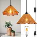 Plug in Pendant Light,Rattan Hanging Lights with Plug in Cord 13FT Hemp Black Cord, On/Off Switch Chandelier for Boho Living Room Bedroom KitchenBulb Included 12 x 6 inch (Umbra Wave-Brown (1-Pack))