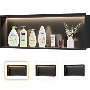 Qeke Stainless Steel Shower Niche 36" X 12", No Tile Needed Wall Niche with 3 Selectable Color Temperatures Led Light, Recessed Shower Shelf for Bathroom Storage Over Mount Installation, Matte Black