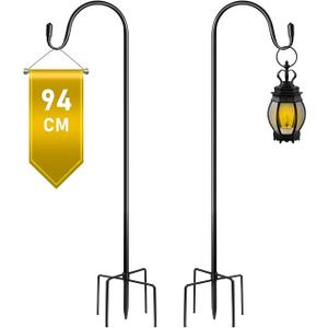 SEGNAYEN Shepherds Hooks for Garden Lights, 94cm Crook Hooks, Adjustable Outdoor Lantern Hook Pole Stand with Metal Stakes Hanging Small Plant Basket, Solar Black, 2 Pack