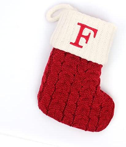 Christmas Stockings with Initials, 7.1 Inches Small Embroidered Letter Knit Red White Christmas Stocking for Family Holiday Decorations and Xmas Tree Fireplace (F)