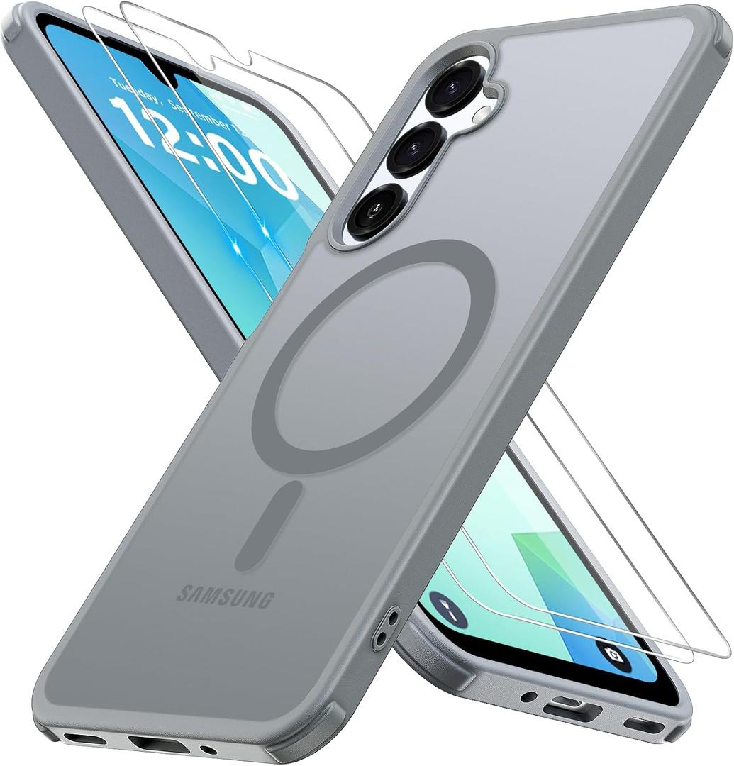 for Samsung Galaxy A16 5G Case with 2X Screen Protector, Magnetic Military Grade Shockproof Case Translucent Back Slim Rugged Bumper Cover for Galaxy A16 5G Phone Case-6.7 inch, Grey (Gray)
