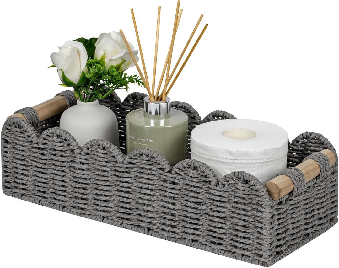 CubesLand Scalloped Edge Toilet Paper Storage Basket, Living Room Home Cozy Decor Basket, Paper Rope Small Baskets for Over Toilet Storage Shelf, End Table, Shelves, with 2 Wooden Handles, Grey