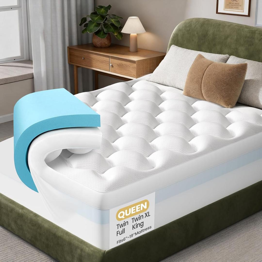 OhGeni Cooling 4 lnch Queen Size Dual Layer Mattress Topper, 2 Inch Gel Memory Foam, 2 Inch Soft Pillow Top Pad, Guest Bedroom Essentials Mattresses Cover, Extra Comfortable Sleep and Back Pain Relief