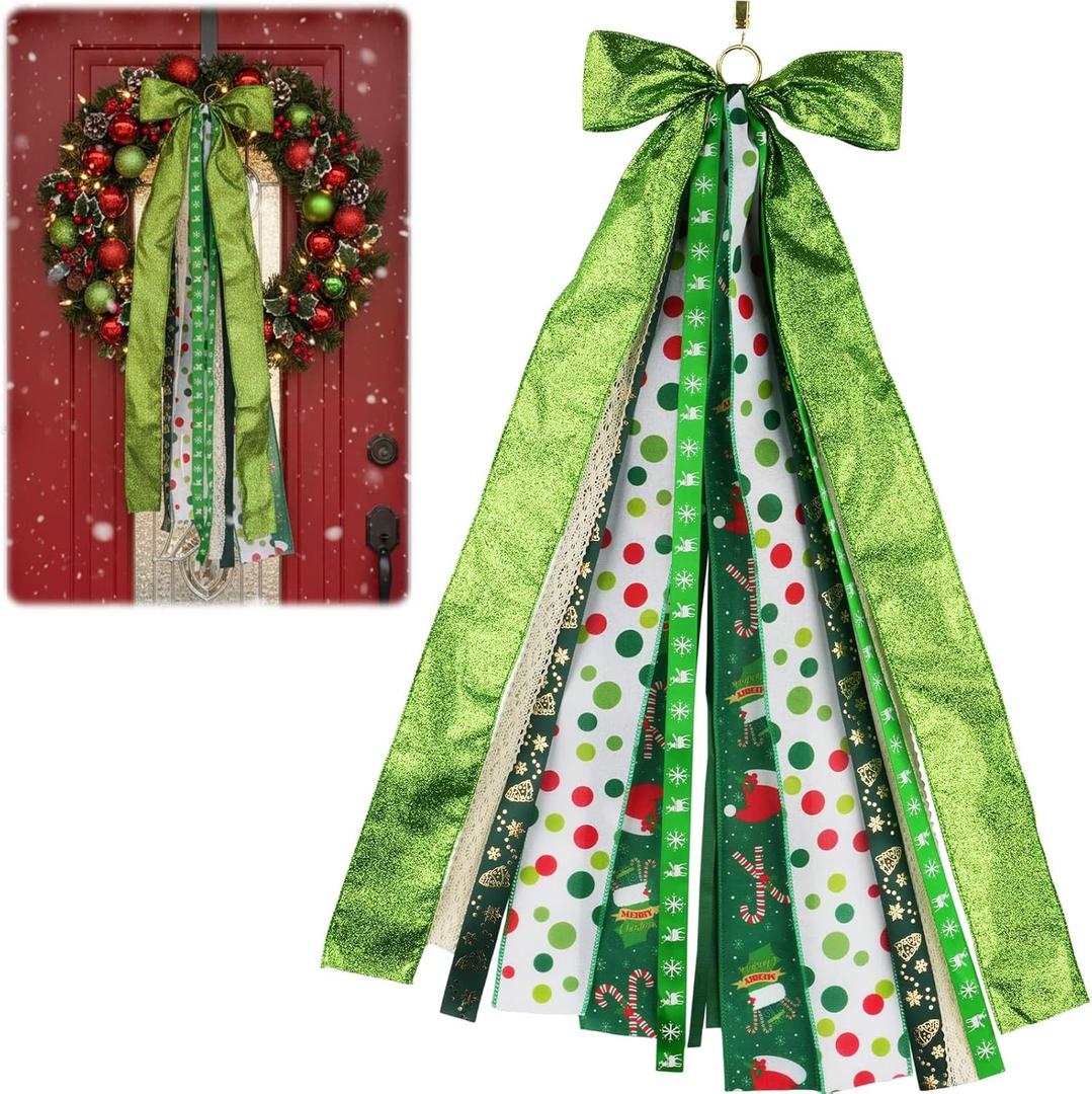 2 x Large Christmas Wreath Sash Decoration 27.5", 7 Multi-Ribbon Holiday Tree Topper with Santa Snowflake Pattern, Metal Clip Front Door Wall Decor Indoor Outdoor