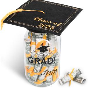 Graduation Gifts 2025 - Personalized Name Graduation Mason Jar - Filled with Money & Class of 2025 Cap Kit - Centerpieces Congrats Decorations Party Supplies for Him Her Women Men College High School