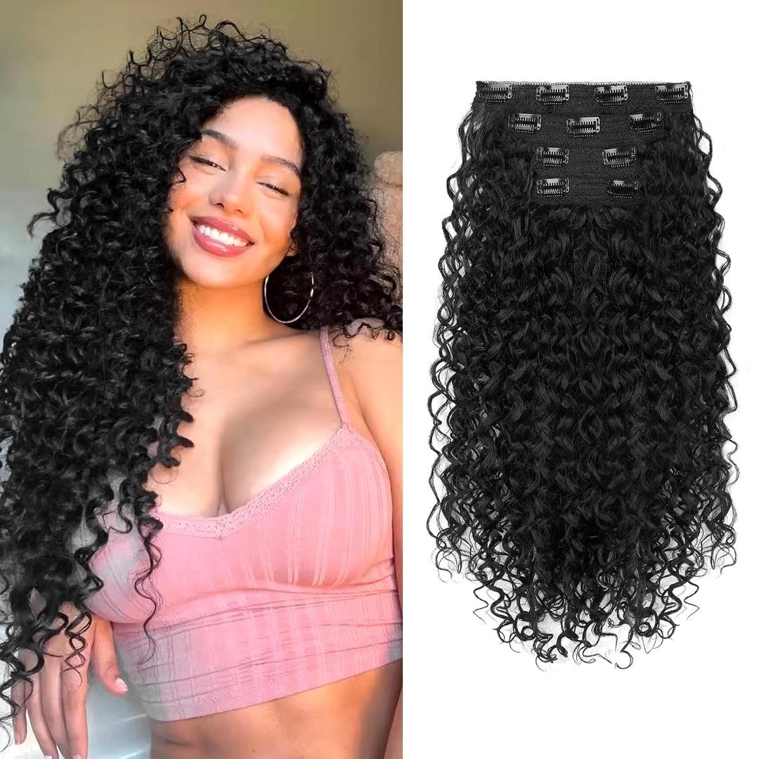 Clip in Hair Extensions, FLUFYMOOZ 4PC 100 Pure Protein Silk Hair Extensions Long Soft Natural Hairpiece 20 Inch Curly Hair Extension for Women (Black)