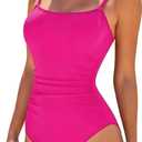 Buauty Women's Swimsuit Square Neck Ruched Waist Bathing Suit Adjustable Straps Full Coverage (Pink), Small