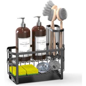 Kitchen Sink Organizer Caddy, 2 Tier Sink Caddy Organizer with High Brush Holder, Rust-Proof Countertop Rack (Black 10.6 * 4.3 * 5.7") for Kitchen Accessories & Dish Brushes