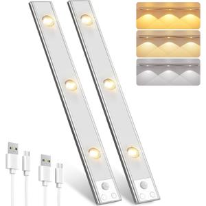 Pak Under Cabinet Lights, Rechargeable Motion Sensor Light Indoor, Wireless and 3-Color Dimmable with Cats Eye Hill Effect, for Display Cabinets, Showcases, Wine Racks, 2 Pack, Silver (16 inch)