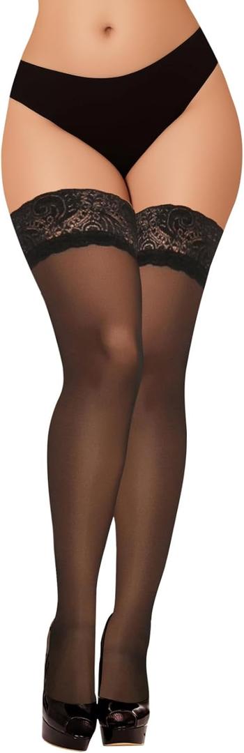 Buauty Black Thigh High Stockings for Women  Lace Top Sexy Thigh Highs Pantyhose, Plus Size Sheer Black Tights (Black)