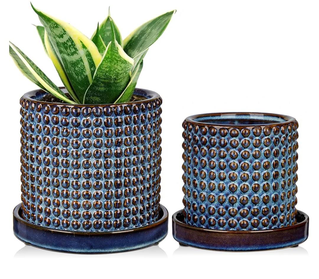 DILATATA Set of 2 Ceramic Planter Pots with Drainage Hole and Saucer, Round Flower Pot Hobnail Modern Planter Pots for Indoor & Outdoor Plants - 4 Inch & 6 Inch, Blue