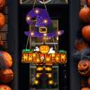 Led Halloween Witch Door Sign Light Up Halloween Door Hanger Wooden Halloween Wreath Decorations with Witch Hat and Legs for Front Door Wall Porch Decor(Purple, Witch Style)