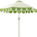 Tempera 9ft Scalloped Patio Umbrellas with Fringe, Market Umbrellas with Water-Resistant and Fade Resistant Canopy, 1.5" Wood Pole & Button Tilt,Green Beige Spliced