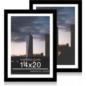 14x20 Poster Frame Set of 2, 14 x 20 Wood Picture Frames with Mat for 12x18, Wooden Photo Frame with Tempered Glass Cover for Wall Mounting Display, Black
