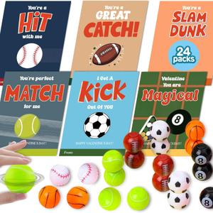 2 x 24 Packs Valentines Day Cards for Kids School with Fidget Spinner Sport Balls, Boys Girls Classroom Exchange