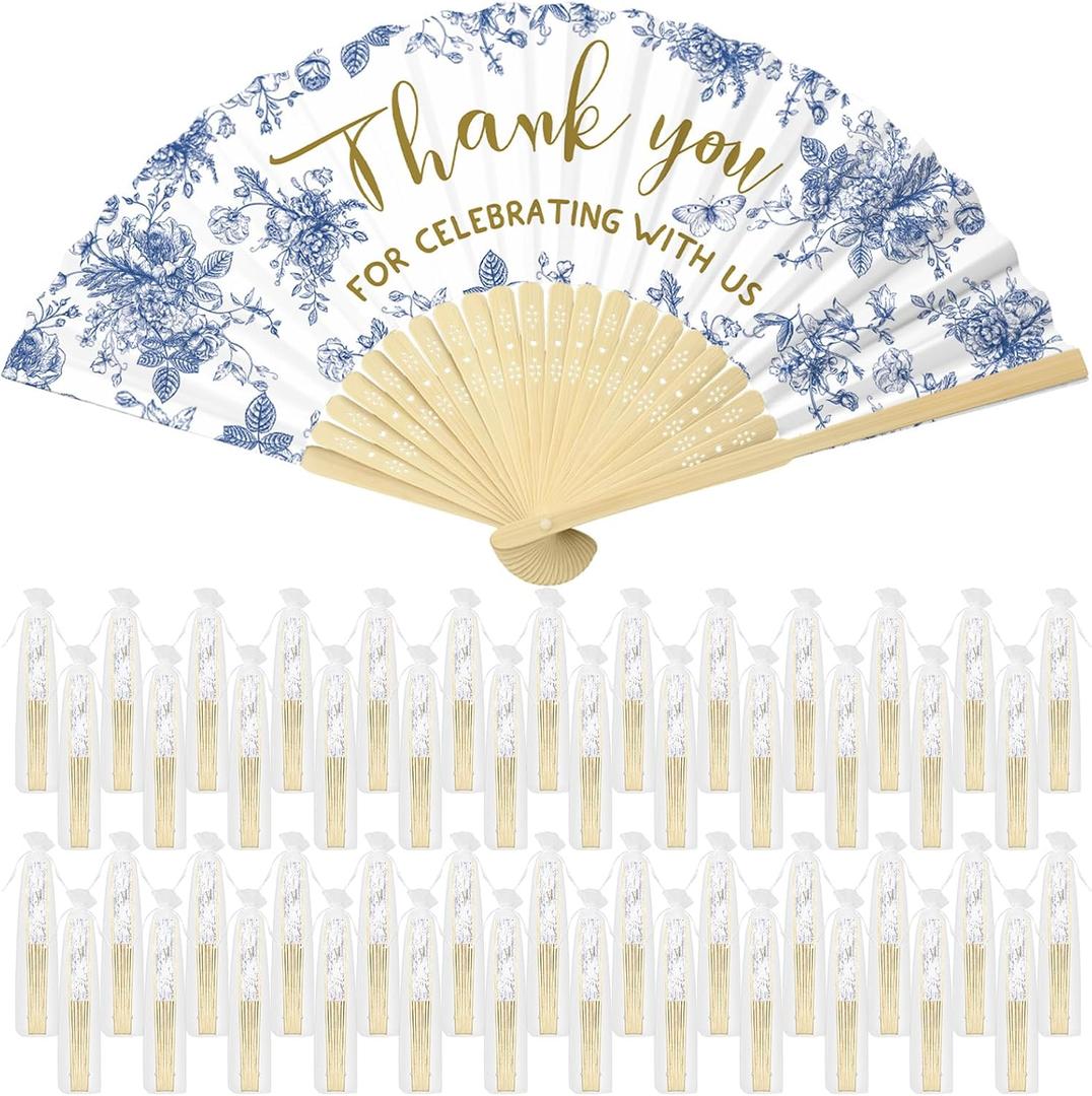 Beeveer 50 Pcs Wedding Foldable Hand Fans Wedding Party Favor with Bag Something Blue Before I Do Handheld Fans Thank You for Celebrating with Us for Bridal Shower Bridesmaid Gift(Blue White Flowers)