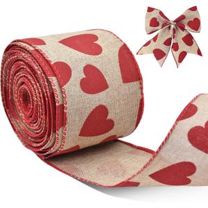 2.5" x 10m Valentines Day Heart Ribbon for Gift Wrapping, Red Heart Wired Ribbon for Bows, Wreaths, DIY Crafts, Floral Arrangements, and Romantic Party Decorations (Red Heart Burlap)