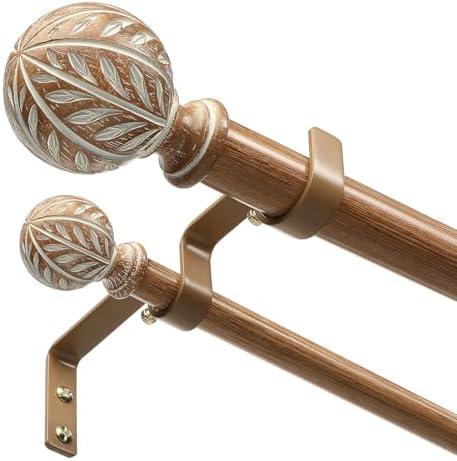 Double Curtain Rods for Windows, Extra Long Boho Dual Curtain Rods with Decorative Handmade Wood Grain Leaf Finial, 1" Adjustable Heavy Duty Spliced Metal Window Treatment Rods 72 to 144 inch