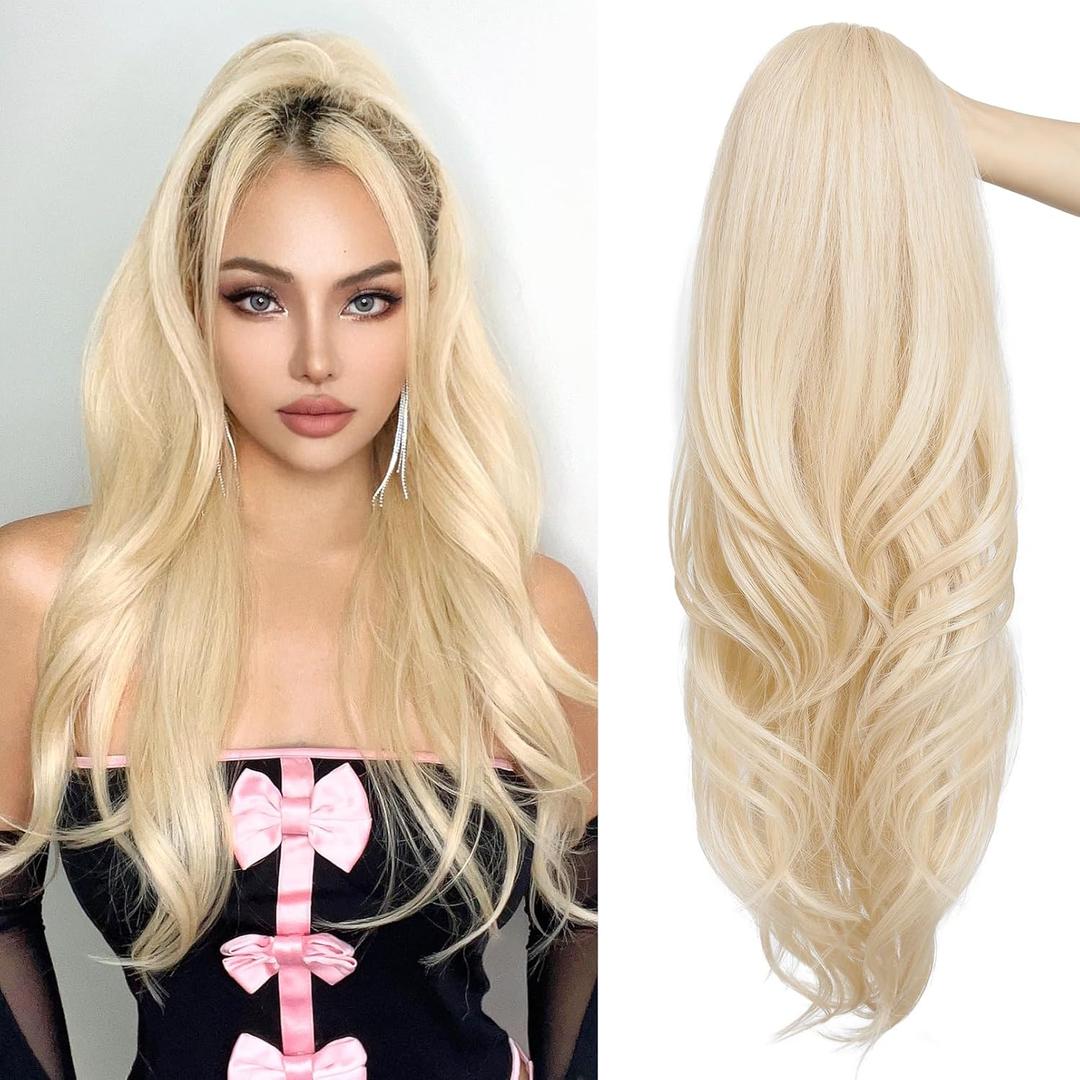 SEIKEA Versatile Drawstring Ponytail Extension, 26" Long Wavy Multi Layered Clip in Ponytail Hair Extensions Stand Up High Fake Pony Tail Soft Natural Synthetic Hairpiece for Women Cool Light Blonde