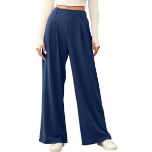 EVALESS Women's Wide Leg Pants Elastic High Waisted Waffle Knit Work Palazzo Pants Business Casual Trousers with Pockets (Blue, S)