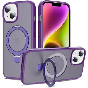 IDweel Magnetic Case for iPhone 15/14/13 6.1" Compatible with MagSafe, Translucent Matte Phone Case with Invisible Ring Stand, Drop Protection, Shockproof Slim Cover, Purple