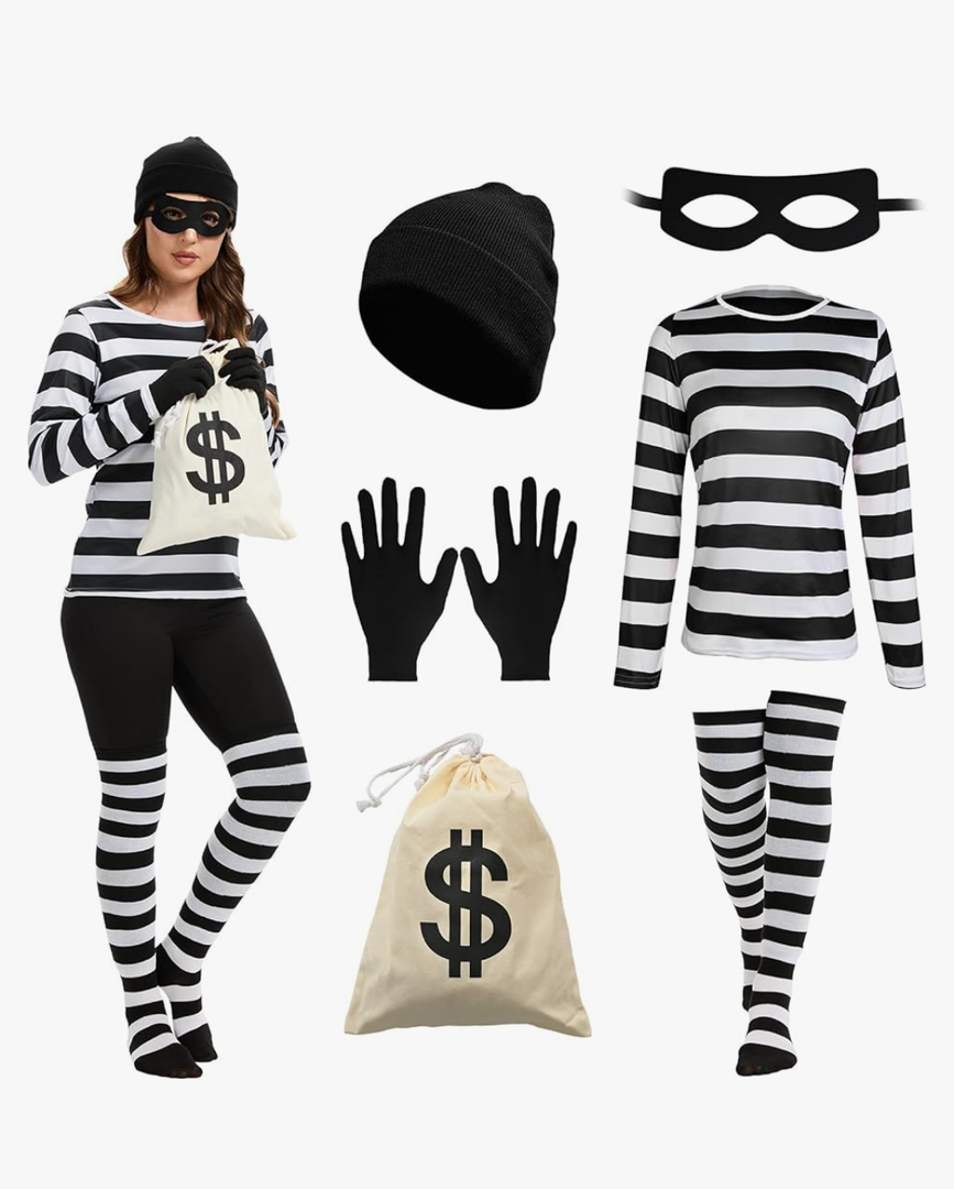 Women's Robber Costume, Thief Cosplay T Shirt, Burglar Accessories Halloween Costume Set for Adult M