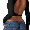 QINSEN Women's Crew Neck Open Back Long Sleeve Basic Crop Tops Stretch Backless Going Out Tee Shirt (Large, Black)