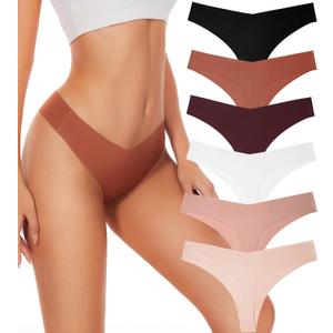 Seamless Thongs For Women V-waisted No Show Thong Seamless Panties Breathable Comfortable Underwear Womens 6-Pack (Black, M)