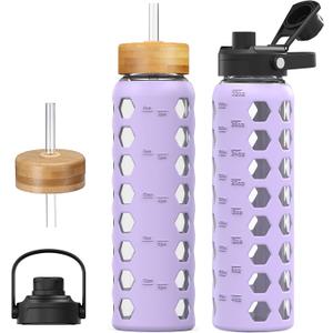 MUKOKO Glass Water Bottles, 32oz Glass Tumbler with Straw, Drinking Bottles with 2 Lids-Handle Spout Lid&Bamboo Straw Lid, Motivational Water Bottle with Time Marker and Silicone Sleeve, 1 Pack-Purple