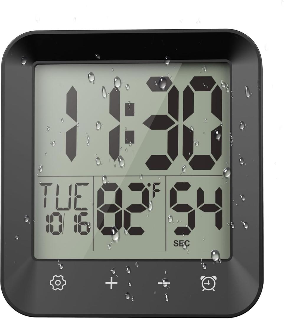 Waterproof Shower Clock, Digital Bathroom Kitchen Wall Clock Timer with Temperature, Touch Screen, Suction, Hanging Hole, Battery Operated, Black