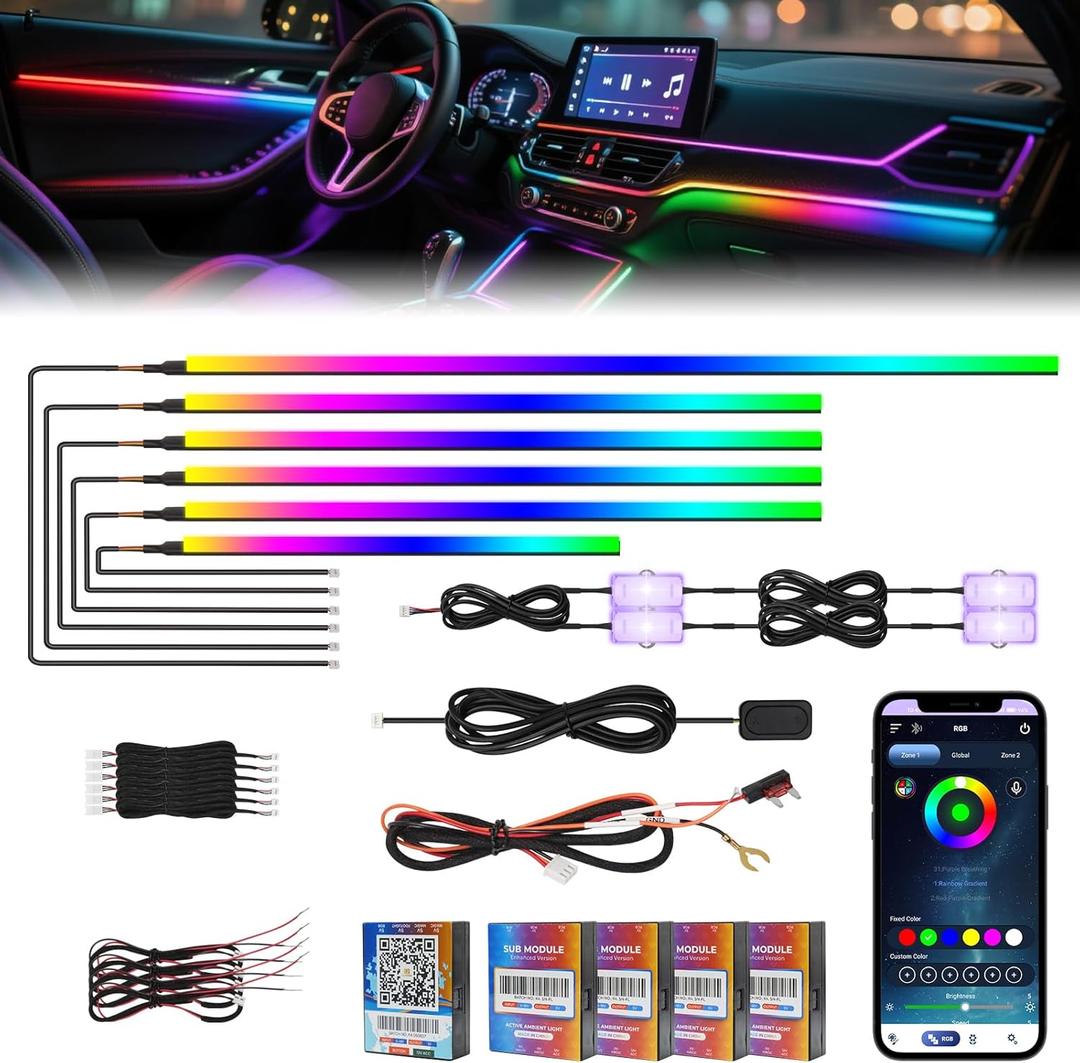2026 Upgraded Interior Car LED Strip Lights, Acrylic LED Lights for Car Dynamic Dreamcolor Chasing, Dual-Zone Control,Ambient Lighting Kits Music Sync Dreamcolor 10 in 1 with Self-Developed APP