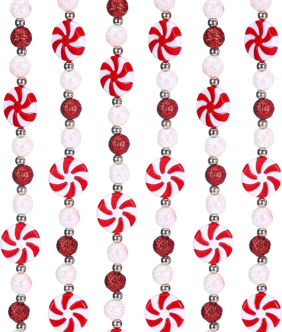 Berlune 16 Feet Christmas Candy Cane Garland Decor for Christmas Tree Red White Xmas Peppermint Ornaments Xmas Bead Ball Lollipop Wreaths Hanging Ornament for Holiday Party Fireplace Fence Home Decor
