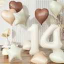 14th Birthday Balloons Decor, Cream Brown Tan Helium Number 14 Balloon Heart Balloon, Neutral Beige Sand White Nude Foil Star Balloon Set for Girls Birthday Wedding Anniversary Party Boho Decoration
