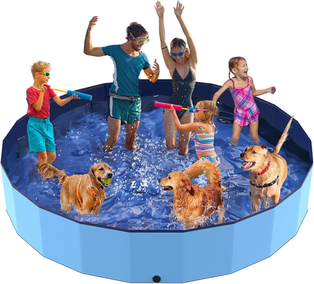 PETOCAT 107" Foldable Dog Pool for Kids, Hard Plastic Hard Plastic Shell Extra Large Non-Slip Swimming Pool for Kiddie Duck Pet, Collapsible Puppy Bathing Tub Heavy Duty, 9 ft x 19.7" H - 6XL