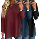 Baggyfly 3 Pack Women's Waffle Knit Long Sleeve Tops Oversized Crewneck Loose T Shirts Fall Winter Casual Basic Blouses (Medium, Black, Navy Blue, Burgundy)