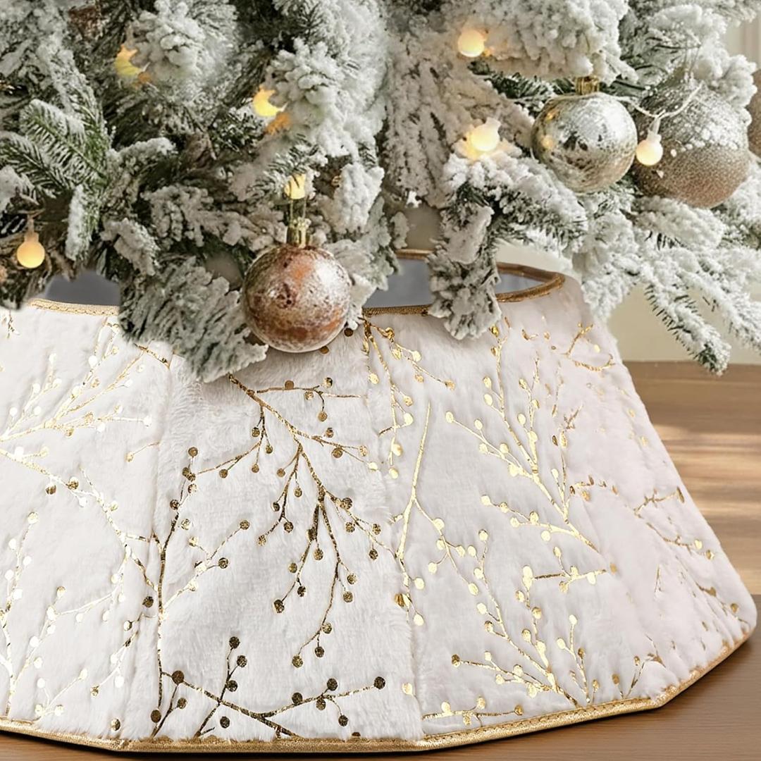 25'' Christmas Tree Collar, White Christmas Tree Ring for Artificial Trees, Faux Fur Plush Trees Collar Farmhouse Rustic Tree's Base Cover with Gold Berry Branch Pattern for Holiday Home Indoor Decor