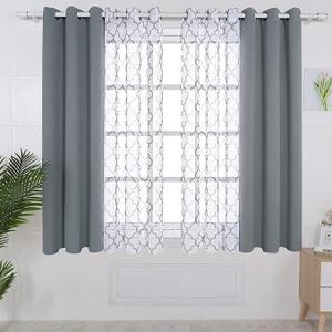 BONZER Mix and Match Curtains - 2 Pieces Moroccan Print Sheer Curtains and 2 Pieces Blackout Curtains for Bedroom Living Room Grommet Window Drapes, 37x95 Inch/Panel, Light Grey, Set of 4 Panels