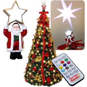 Superstar Santa Pop-Up Christmas Tree, 7FT, Pre-Lit w/ 200 LED Lights, AS SEEN ON TV, Santa Projects North Star, Opens Instantly, Fully Decorated, 7 Colors, 32 Modes w/Remote, Stores Flat