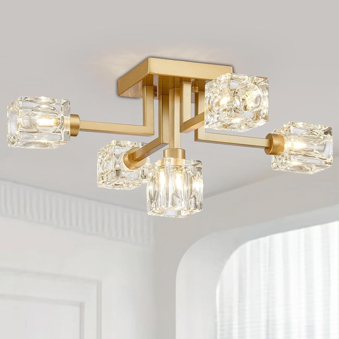 XINGQI Sputnik Chandelier Gold Modern Semi Flush Mount Ceiling Light Glass 5 Lights Farmhouse Lighting Fixtures for Dining Room Living Room Kitchen Bedroom